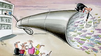 cartoon with a person trying to catch money bills