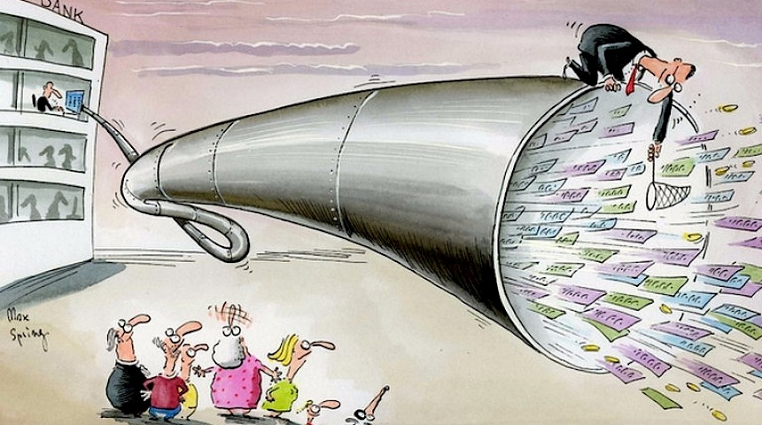 cartoon with a person trying to catch money bills