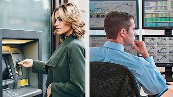 Bild Frau an einem Bankomat, Mann am Schreibtsich