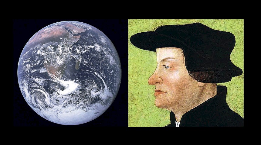 Erdkugen und gemaltes Gesicht im Profil